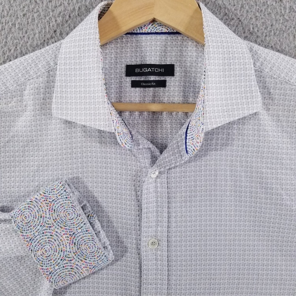 BUGATCHI Shirt Mens Large White Grey Classic Fit Flip Cuff Houndstooth Button Up